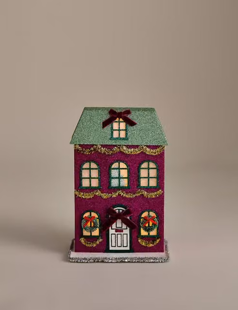 M&S Pink Multicoloured Paper Glitter Light Up Christmas Tabletop House