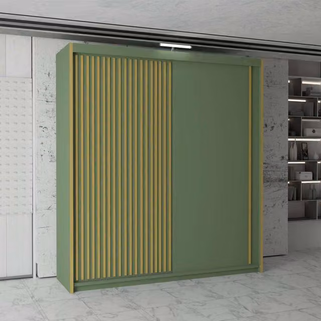 MN Furniture Modern Sliding Wardrobe with Integrated LED Lighting and Gold Strips in Green, W: 150 cm, H: 217 cm