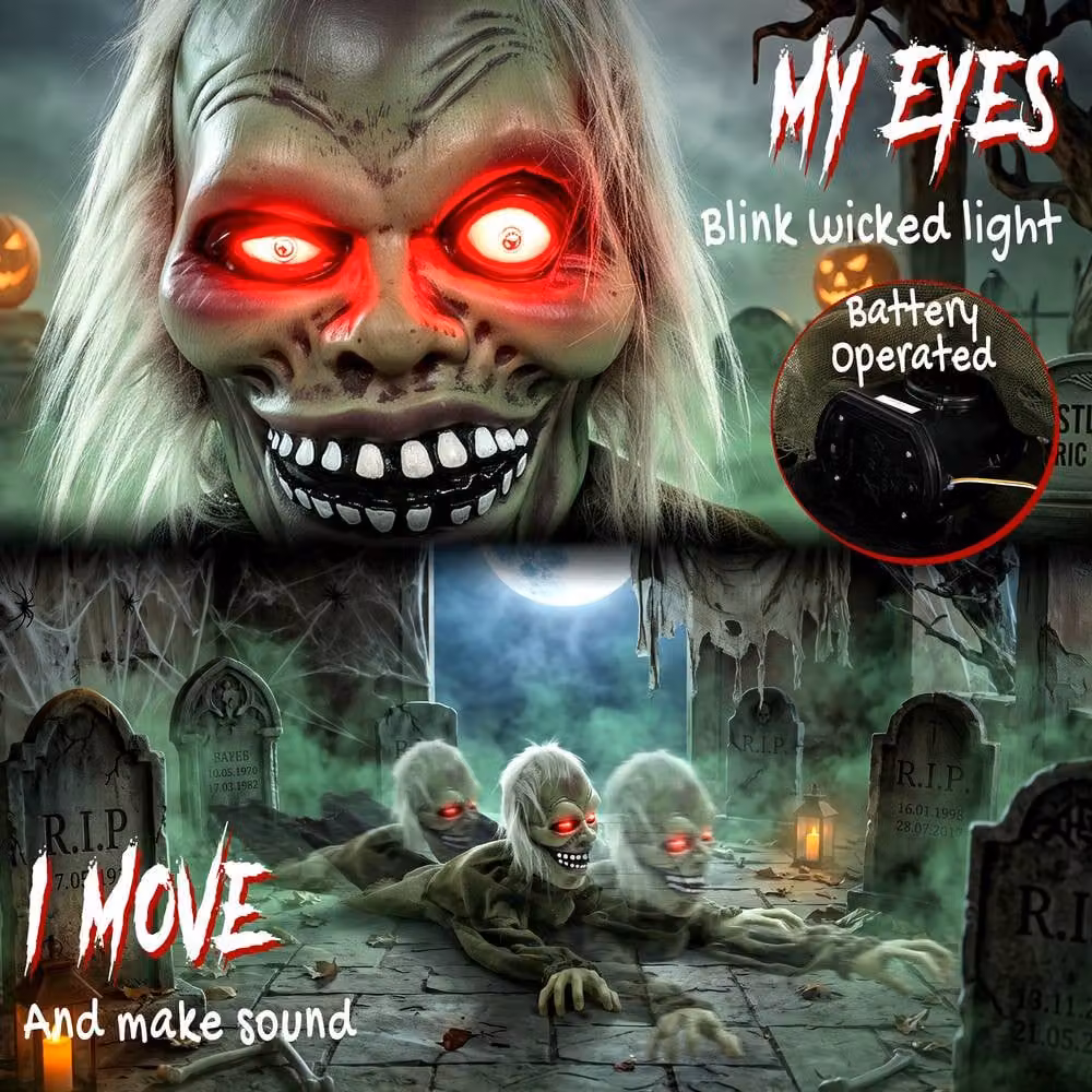 HOMCOM Animatronic Crawling Zombie with Light-Up Eyes and Creepy Sound in Grey, Black, Red and Multicolour – 3