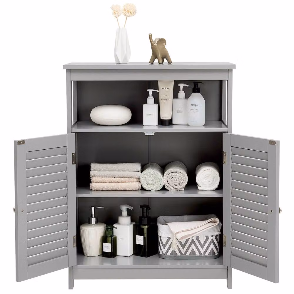 Costway Modern Grey Wooden Freestanding Bathroom Floor Cabinet with Adjustable Internal Shelves and Hinged Doors – 4