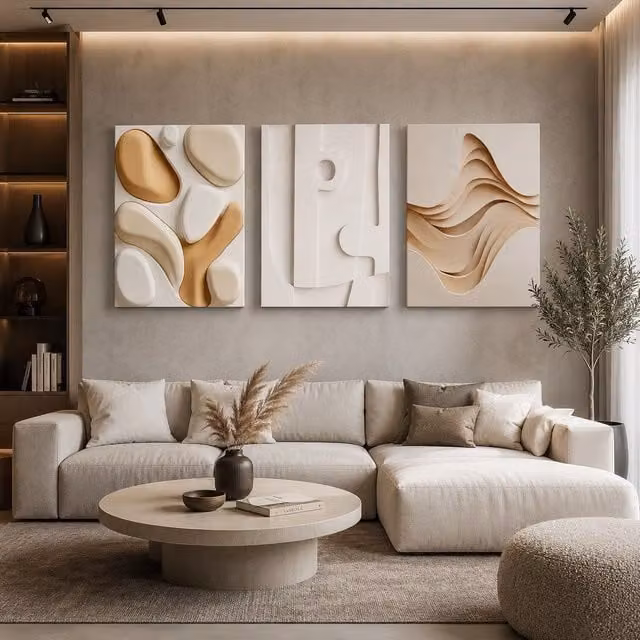 Mafett Set of 3 Beige Abstract Canvas Wall Art Modern Geometric Prints, W: 45.72 cm, H: 60.96 cm – 1