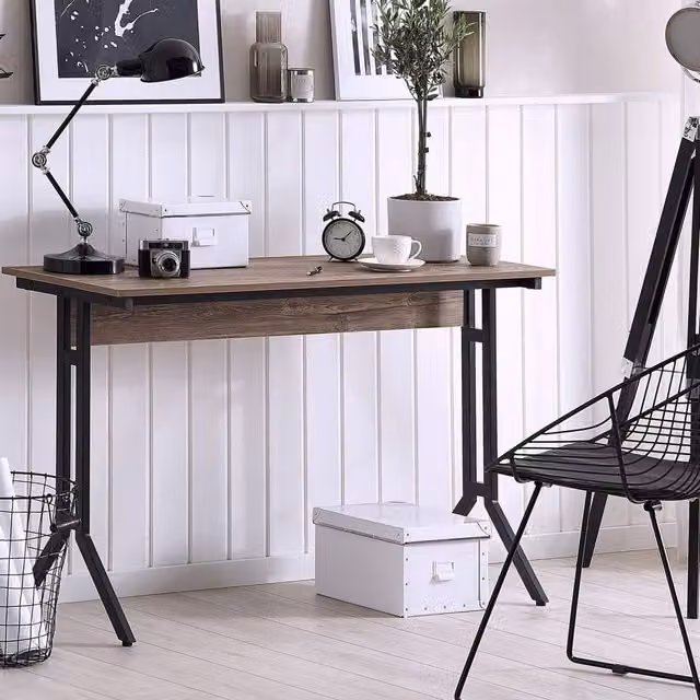 Wyld and Coco Modern Industrial Writing Desk with Brown Wood Top and Black X-Frame, W: 120 cm, D: 48 cm, H: 76 cm – 1