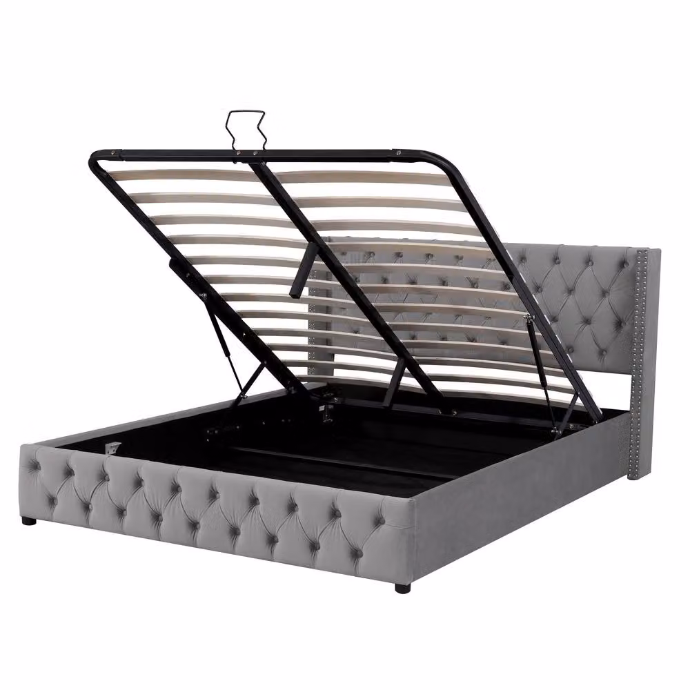 BTM Grey Velvet Upholstered Bed with Hydraulic Storage W: 150 cm, L: 200 cm – 8