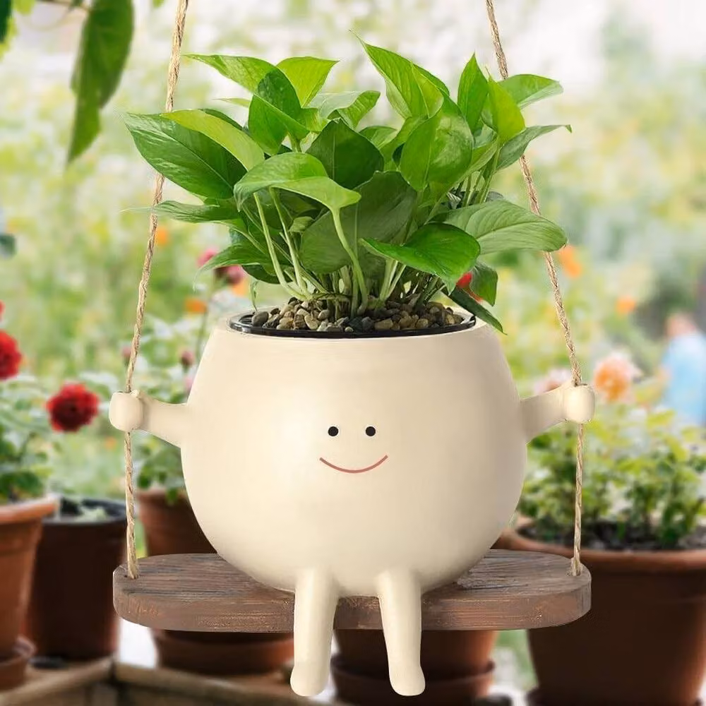 EONLION Set of 2 White Hanging Swing Face Resin Planter Pots for Succulents – 2