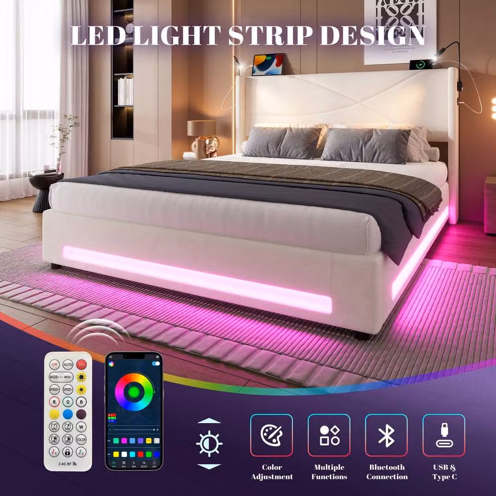 Matteo Modern Beige Velvet King Bed Frame with Lift Up Storage, USB Charging Ports, Reading Lights and Under Bed LED Lighting, W/D/H: 180 x 200 cm – 7