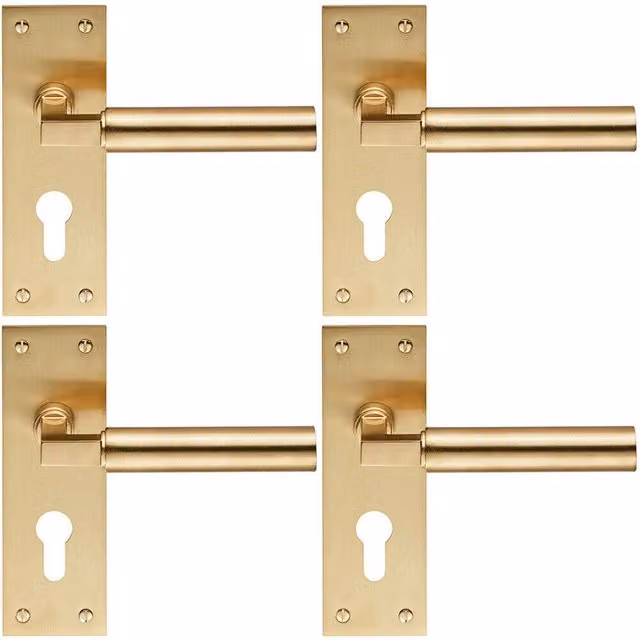 Loops 4x Pair Round Bar Handles with Slim Euro Lock Backplate, Satin Brass, W: 150 mm, H: 50 mm