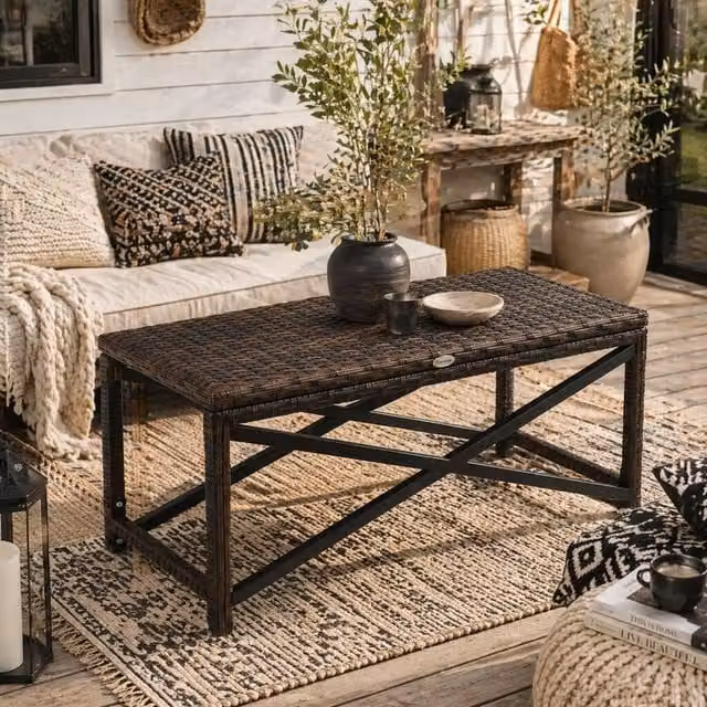 Wyld Haus Donori Outdoor Coffee Table with Mixed Brown Woven Rattan Top and Black X Frame, W/D/H: 43.0 x 40.0 x 40.0 cm – 1