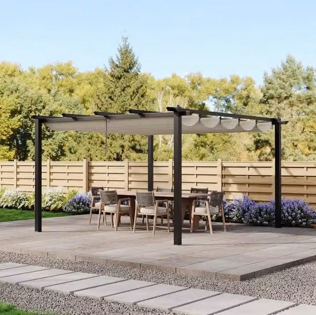 Livingandhome Aluminium Garden Pergola with Retractable Roof, Beige