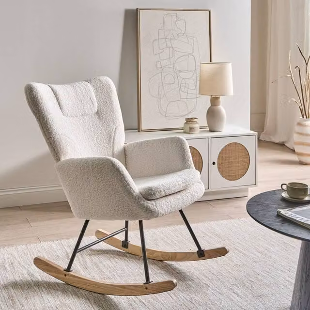 Wyld and Coco White Boucle Rocking Chair with Rubberwood Skates – 1