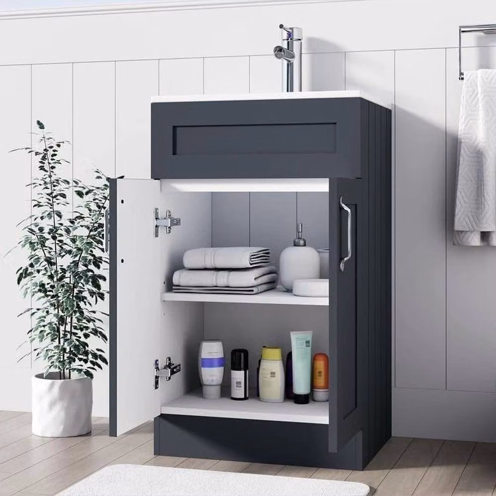 FORGEVIO Grey Modern Freestanding Bathroom Vanity Unit with Sink Basin and Soft-Close Hinged Doors – 2
