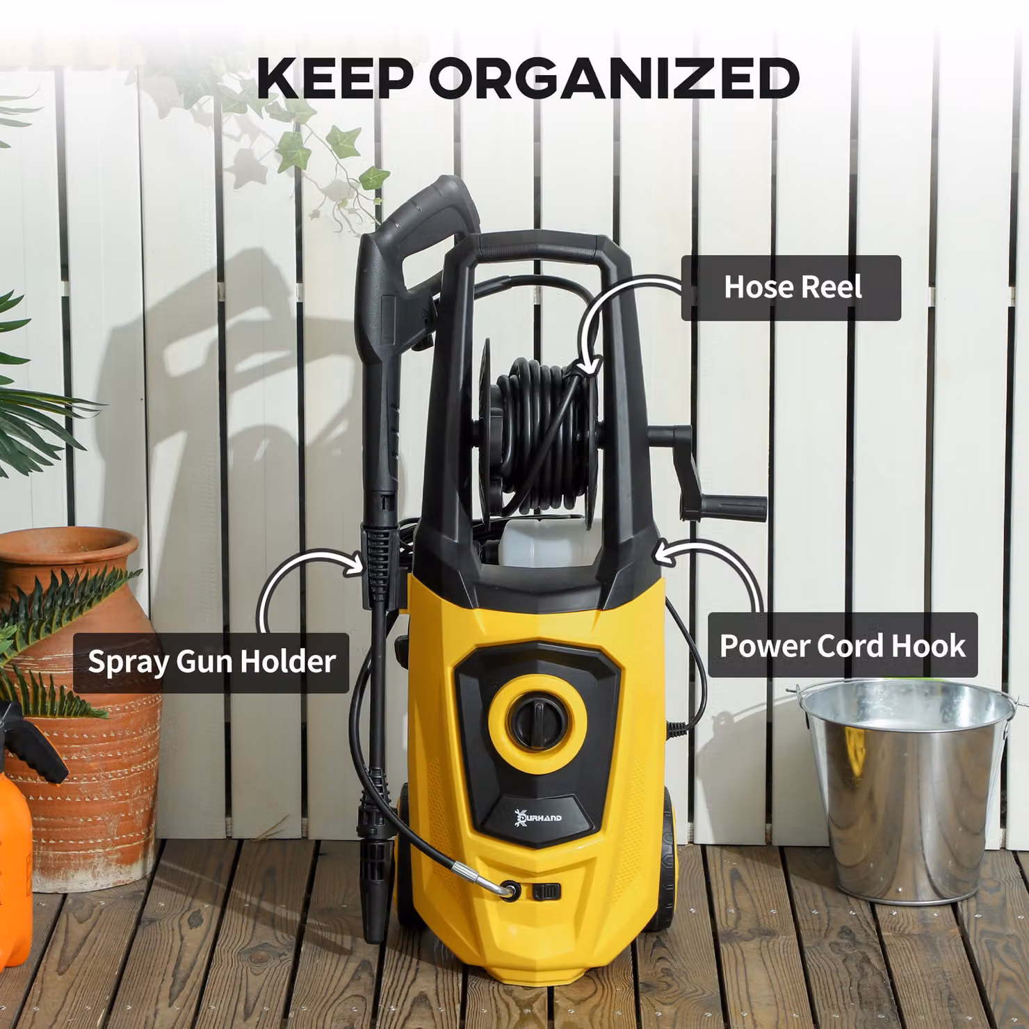 DURHAND 1800W High Pressure Washer with 150 Bar Pressure and Hose Reel, Yellow – 6