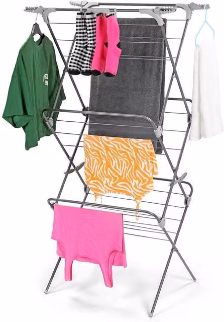 PAWNORA 3 Tier Foldable Steel Clothes Airer Laundry Drying Rack in Dark Grey