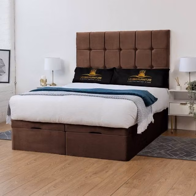 UK Bed Furniture Florence Brown Upholstered Ottoman Storage Divan Bed with End Lift and 54 Inch Headboard, W/D: 90 x 200 cm