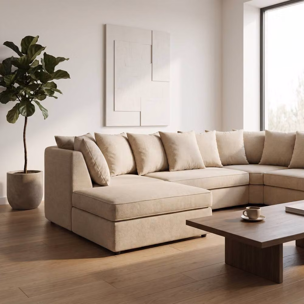 Abakus Direct Verona U-shape Corner Sofa in Beige Linen Fabric with Matching Ottoman and Scatter Cushions – 3