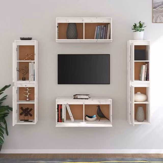 Berkfield Home White Solid Wood Pine TV Cabinet Set of 6 – 1