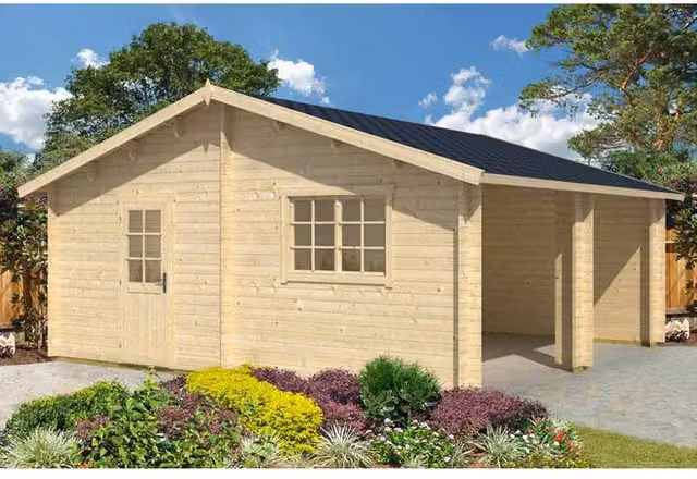 Lasita Maja Ltd Falkland Log Cabin Garden Room and Home Office in Beige, W: 628.6 cm, D: 635 cm, H: 313.5 cm