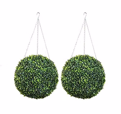 Primrose Pair of 2 Green Artificial Hanging Boxwood Topiary Balls, Diameter: 28 cm – 1
