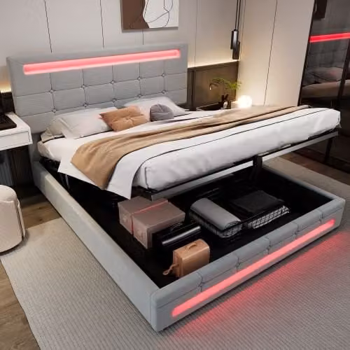 Matteo Grey Velvet Upholstered Double Bed with Hydraulic Lift-Up Base and Under-Bed Lighting, W/D/H: 135 x 190 cm