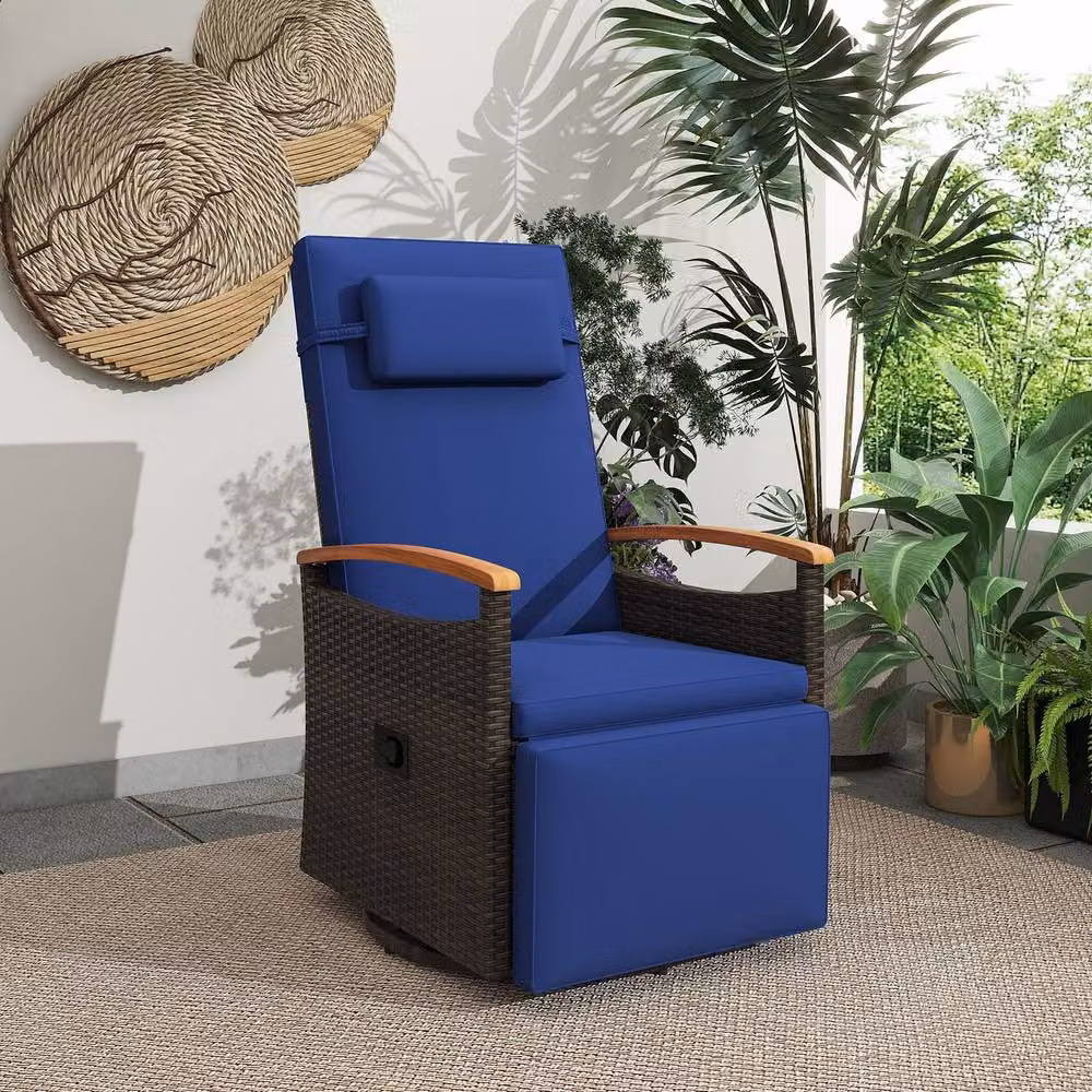 Costway 360 Degree Swivel Rattan Recliner Chair with Adjustable Headrest and Side Tray in Navy Blue – 4