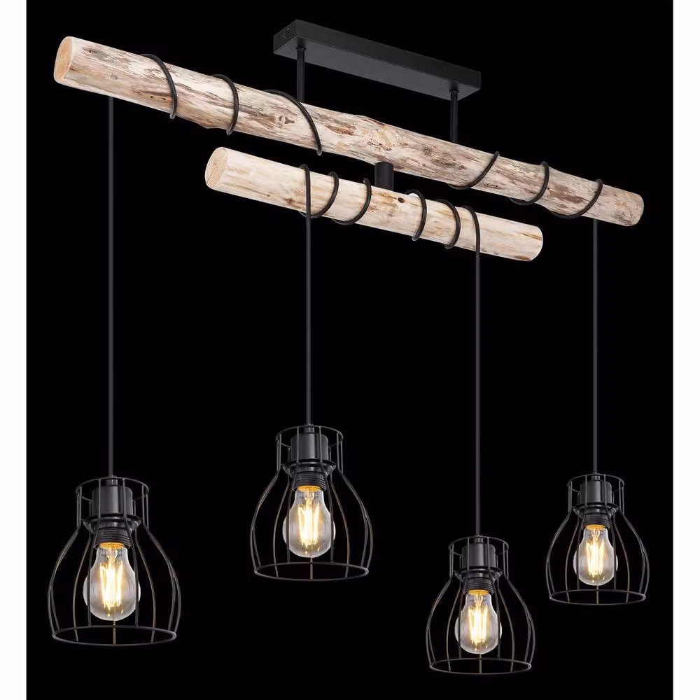 Netlighting Mina Bar Pendant Ceiling Light in Black and Wood with 4x E27 Sockets – 4