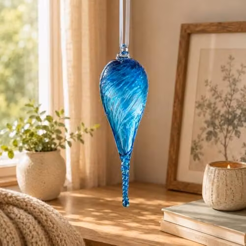 Sienna Glass Friendship Droplet Pixie Handcrafted Mouth-Blown Glass Hanging Ornament, Blue, 16 cm – 2