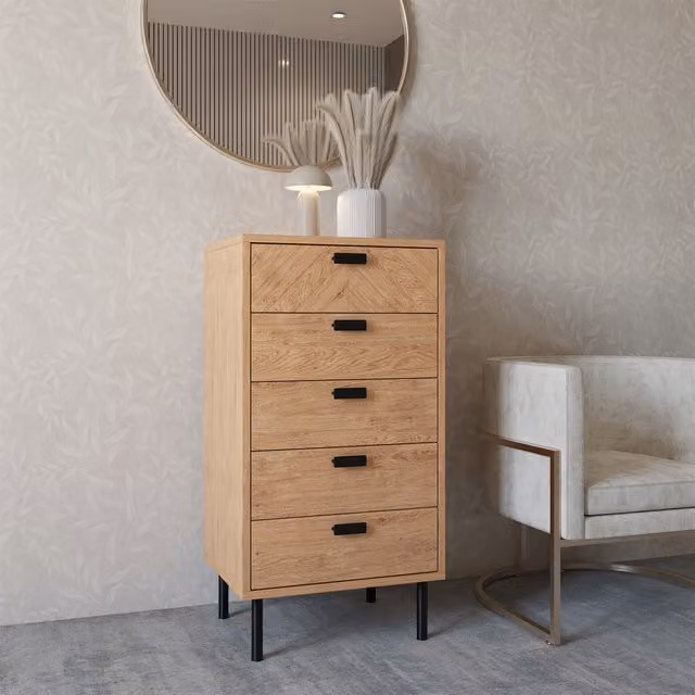Seconique Modern Oak 5 Drawer Narrow Chest
