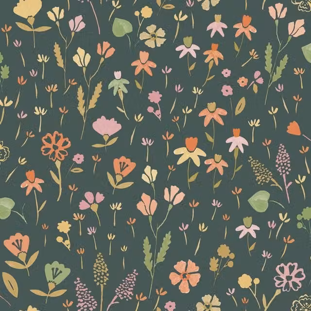 Grandeco Naive Garden Ditsy Flowers Textured Wallpaper in Black and Blue