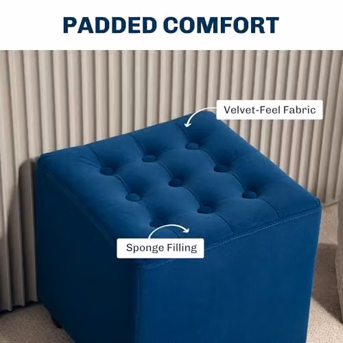 HOMCOM Blue Velvet Cube Footstool Ottoman with Rubberwood Legs, W/D/H: 35 x 35 x 35 cm – 4