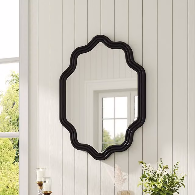 Livingandhome Modern Black Wood Wall-Mounted Decorative Mirror, Width: 80.5 cm