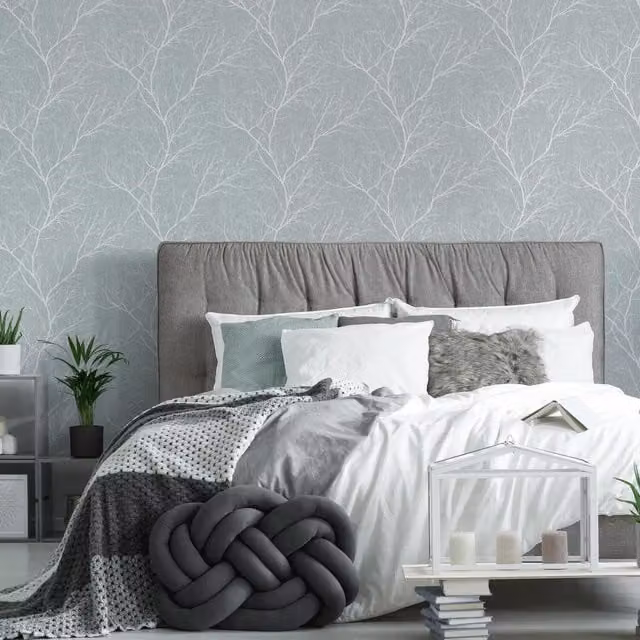 Fresco Winter Tree Forest Silhouette Wallpaper in Duck Egg Blue