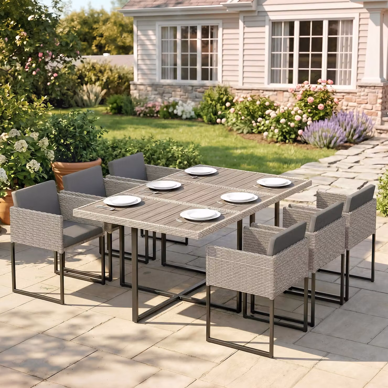 Outsunny 7 Piece Rattan Garden Dining Set with Wood-Plastic Table and 6 Chairs in Grey – 2