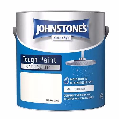 Johnstone's White Satin Gloss Bathroom Wall and Ceiling Paint, 2.5L – 4