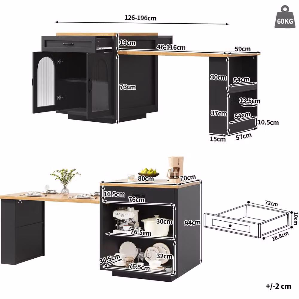Rolipo Modern Extendable Kitchen Island with LED Lighting and Storage in Black – 6