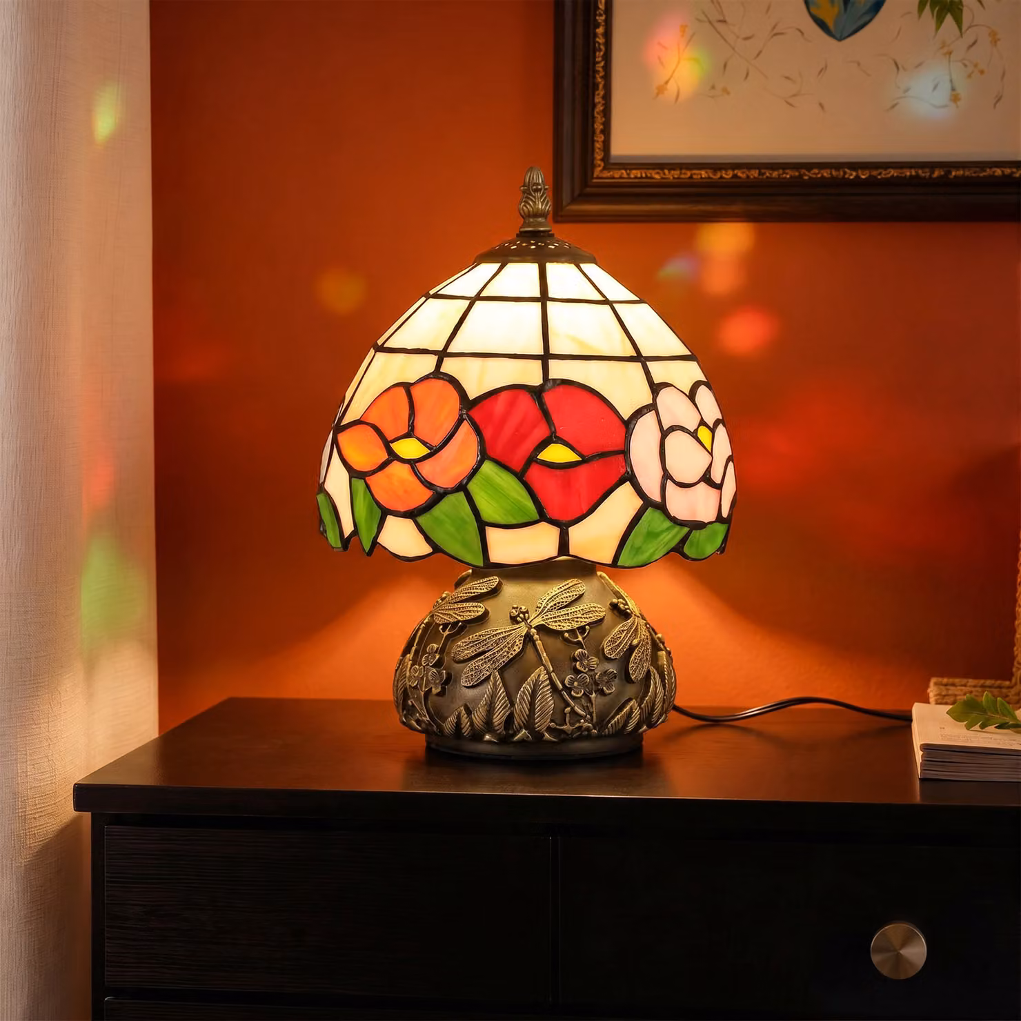 HOMCOM Tiffany-Style Stained Glass Table Lamp with Dragonfly Base, Multi-Coloured and Bronze – 2