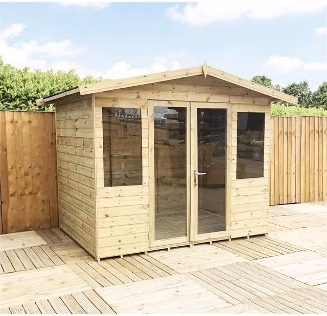 Marlborough 9 x 5 Pressure Treated Apex Summerhouse with Short Windows in Natural Wood