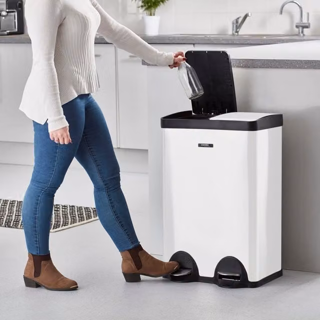 Cooks Professional Dual Pedal Bin 60L with 2 x Removable Compartments and Soft Close Lids, White