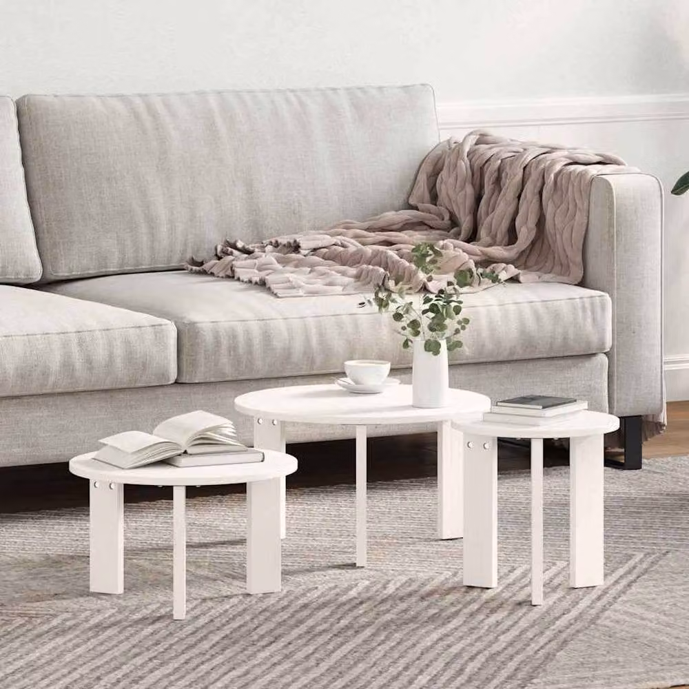 Berkfield Home Traditional 3-Piece Nested Coffee Table Set in White Solid Pine Wood – 2