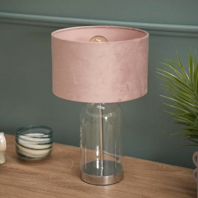 ValueLights Jessy Chrome and Glass Table Lamp with Blush Pink Fabric Shade in Silver – 1