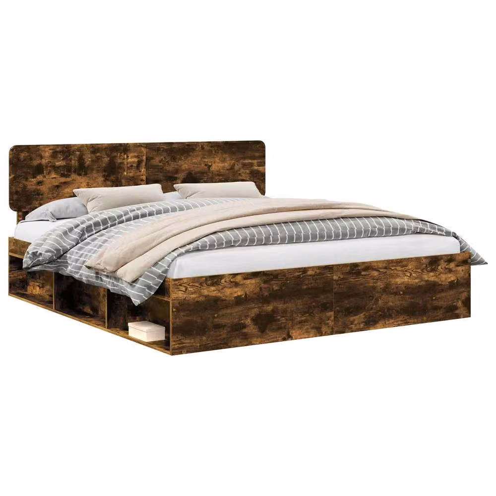 Berkfield Home Smoked Oak Bed Frame in Brown, Solid Pine and MDF Wood, W/D/H: 180 x 200 cm – 2