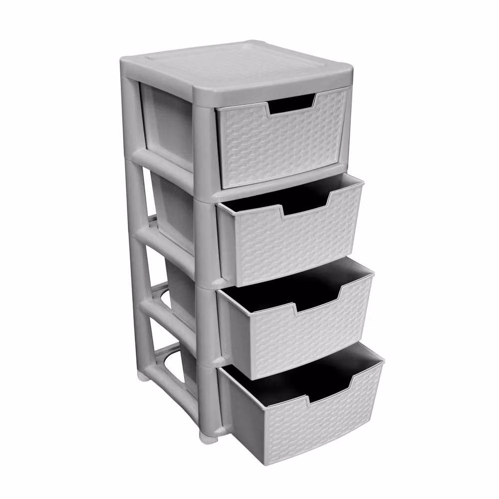 Simpa Large Rattan Effect 4 Drawer Storage Tower Unit in Grey, Height: 82 cm – 2