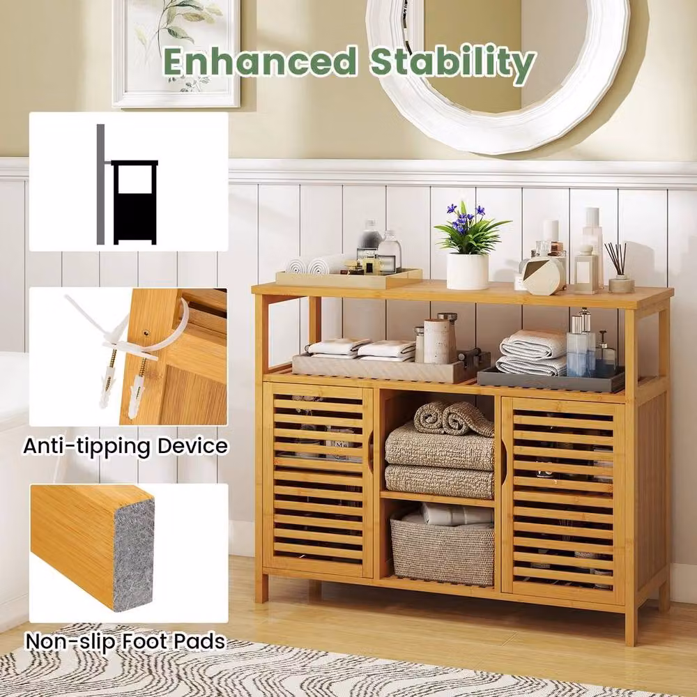 Kelvenix Brown Bamboo 2-Door Freestanding Bathroom Cabinet with Internal Shelves – 2