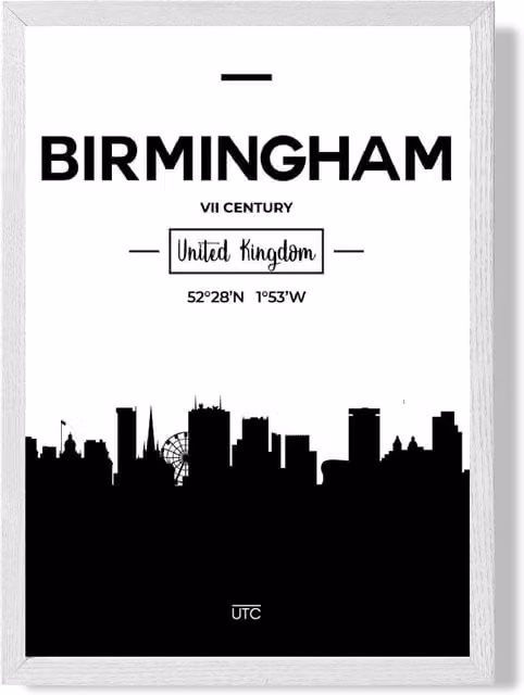 ARTZE Birmingham Black and White City Skyline Framed Print with White Frame, A2 – 1