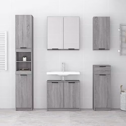vidaXL Grey Sonoma Bathroom Cabinet, Modern Freestanding MDF Storage Unit with Hinged Doors, W/D/H: 32 x 34 x 188.5 cm – 2