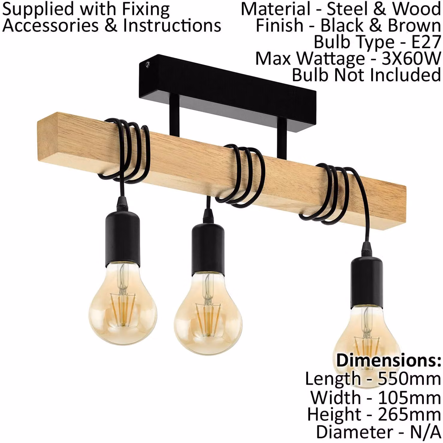Loops Ceiling Spot Light and 2x Matching Wall Lights in Black and Wood – 2
