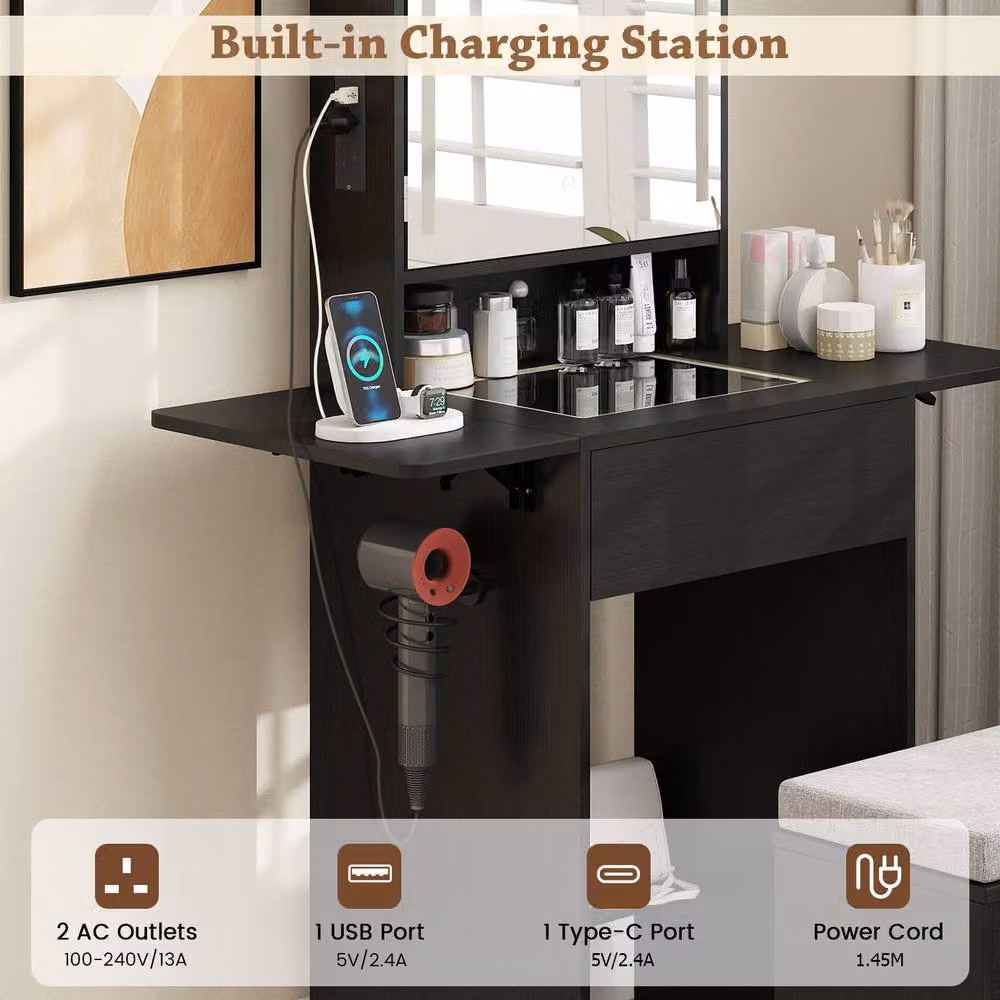 Costway Modern Black Dressing Table and Stool Set with Hollywood LED Lights and Charging Station – 5