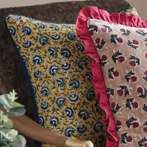 Paoletti Chedworth Floral Cotton Velvet Piped Decorative Square Cushion, Yellow and Blue, W/D/H: 50 x 50 x 50 cm – 4