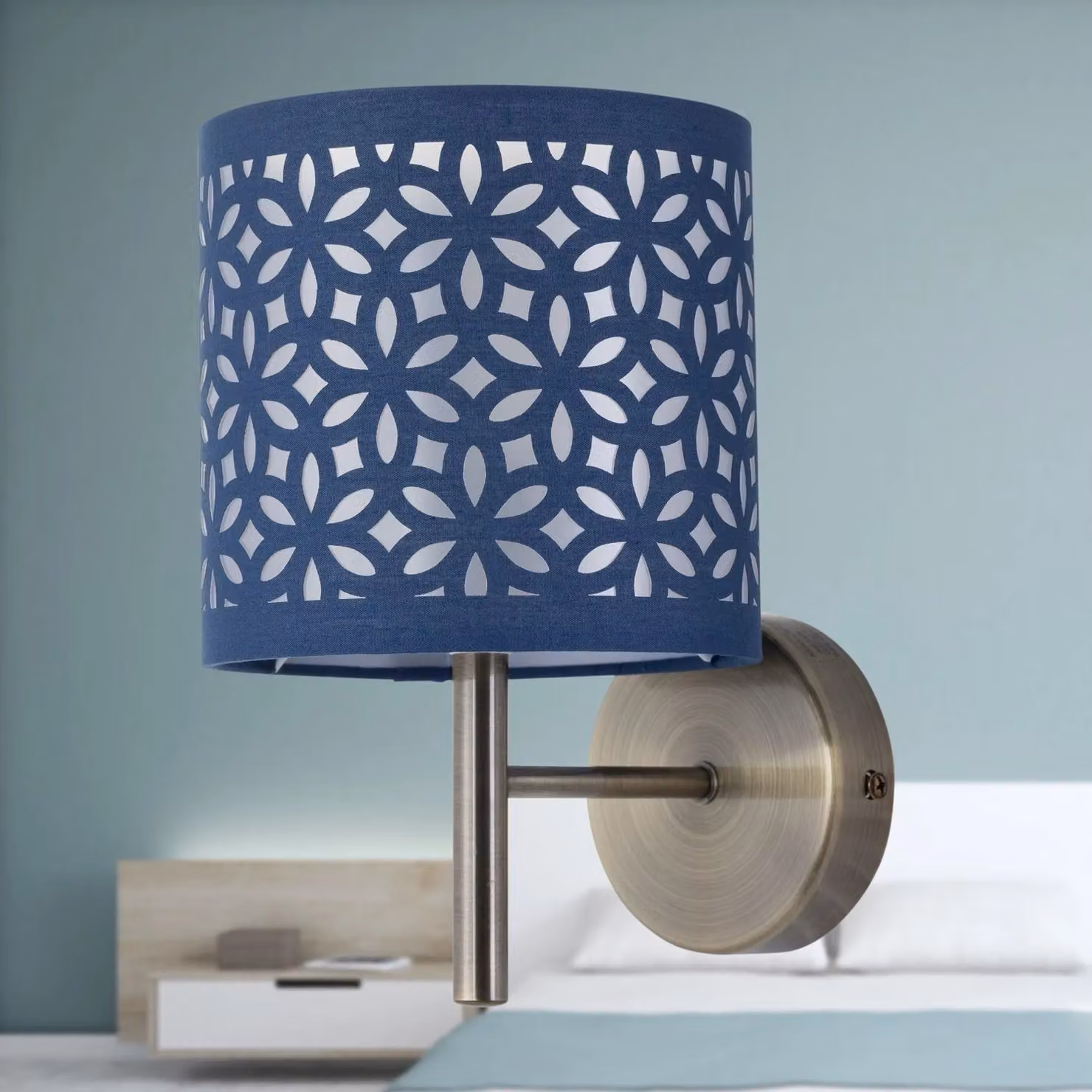 First Choice Lighting Brea Antique Brass Wall Light with Blue Fabric Shade – 3