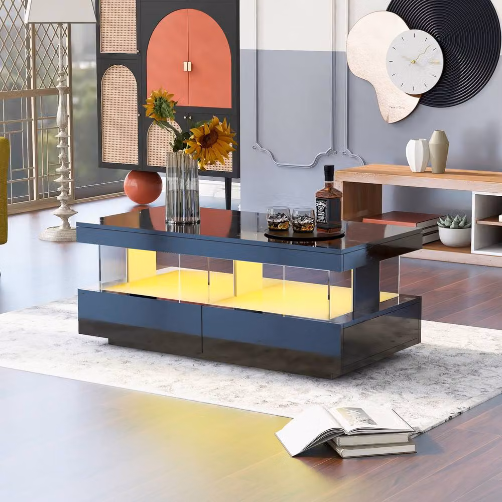 Rolipo Black High Gloss LED Coffee Table with 2 Storage Drawers (Pack of 2) – 4