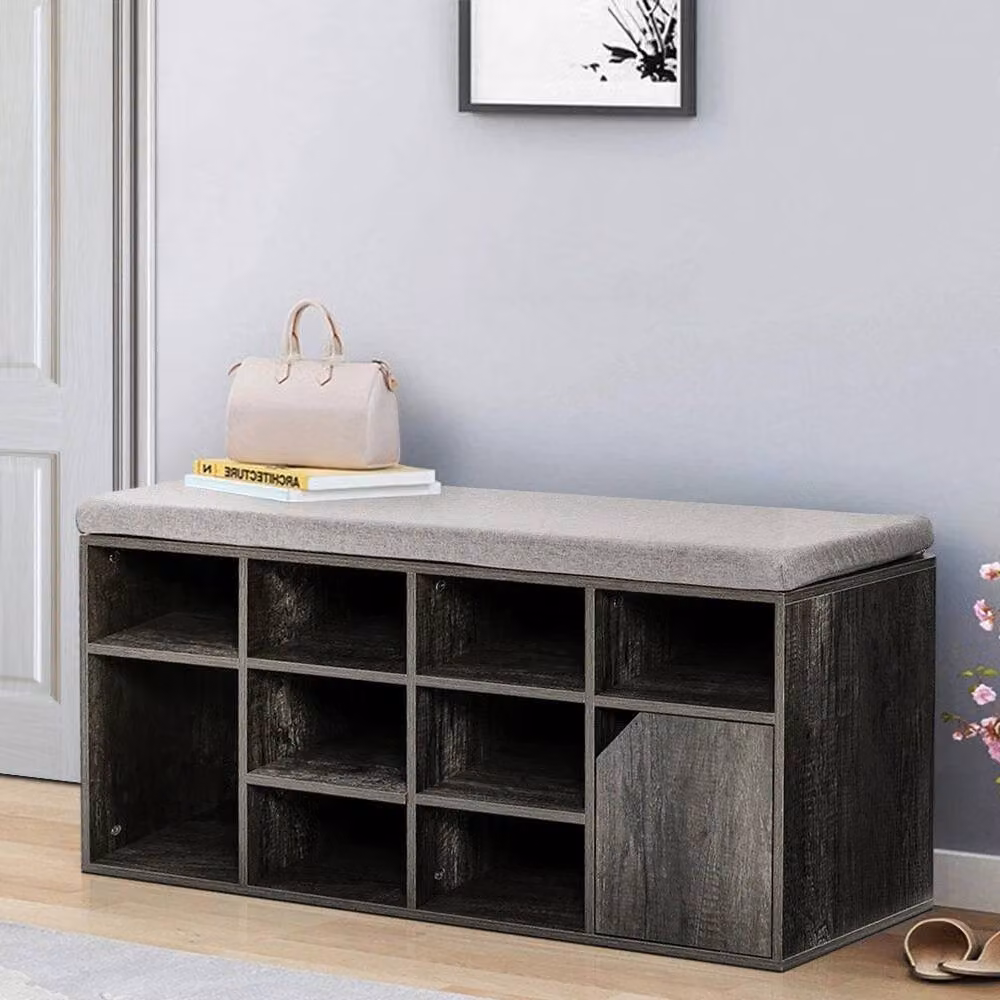 VOGREX Grey Padded Entryway Shoe Bench with Storage Shelf – 3