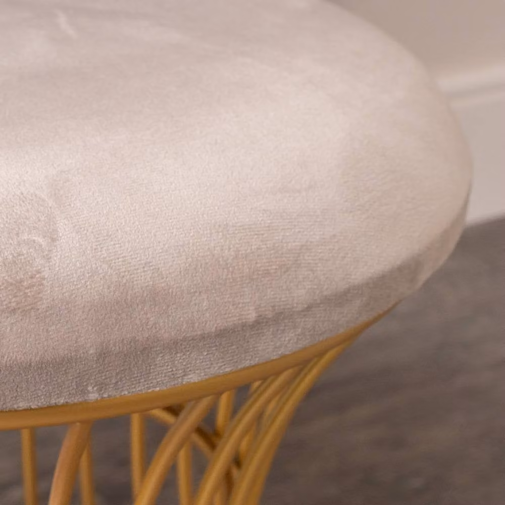 Melody Maison Beige Velvet Upholstered Dressing Table Stool with Gold and Grey Metal Frame – 2